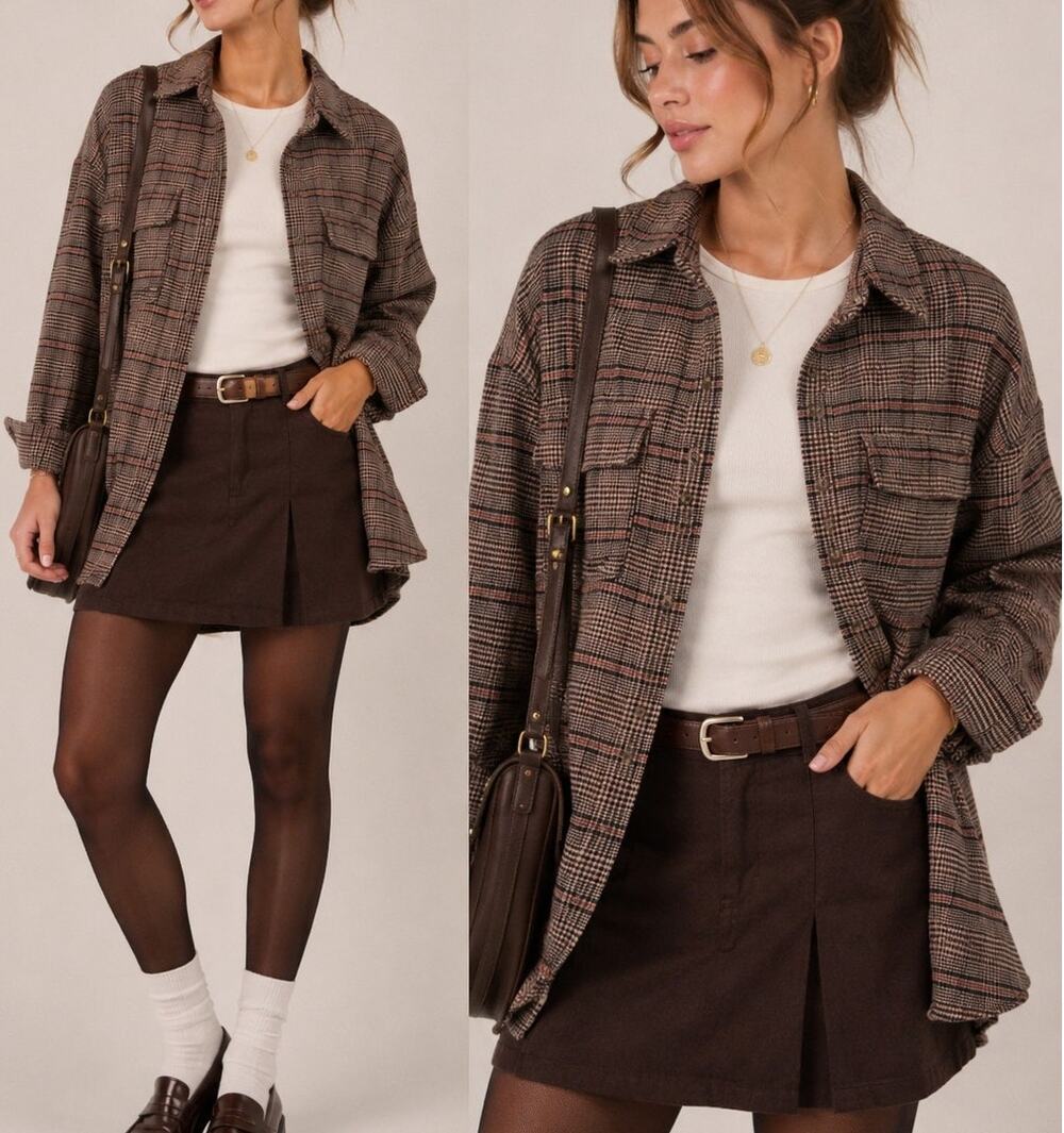 Abercrombie & Fitch Oversized Plaid Shacket Womens S Brown Preppy Academia Fall